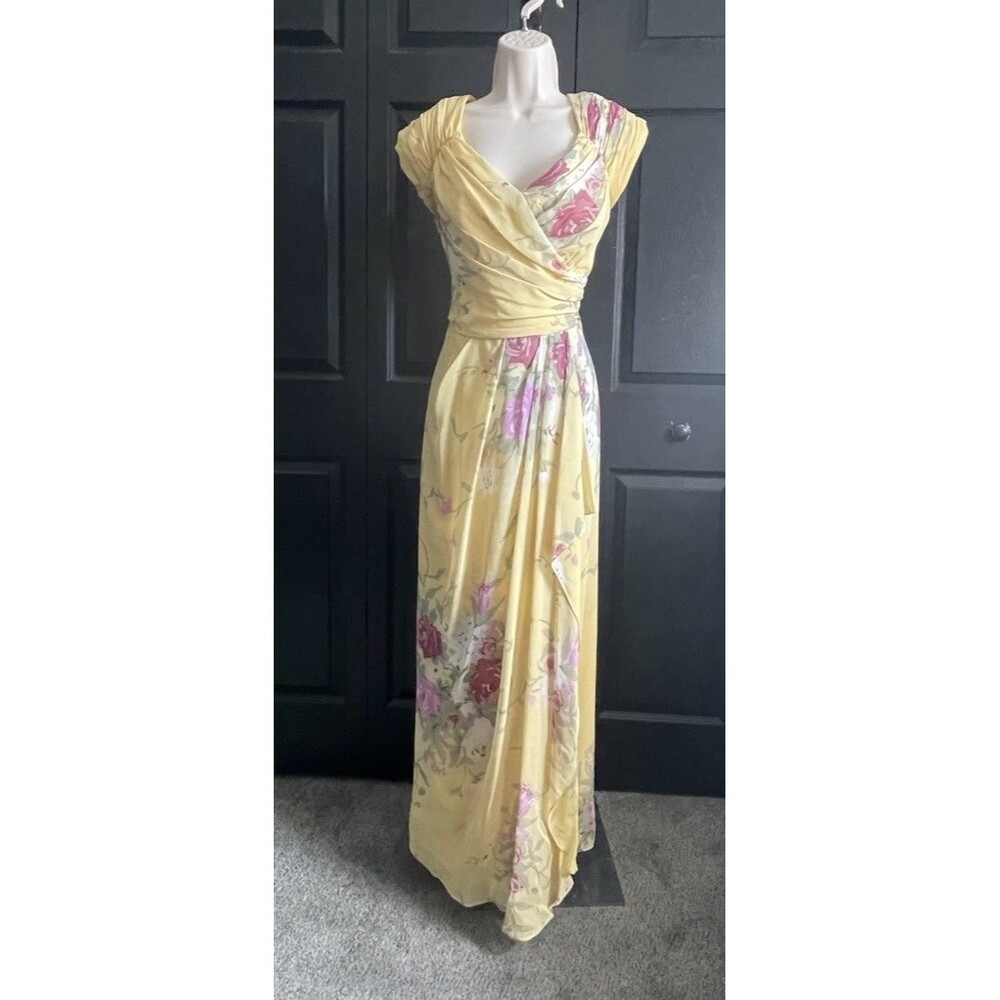 Victor Costa Silk Floral Maxi Dress Yellow Pink Roses Size 10 Wedding Guest